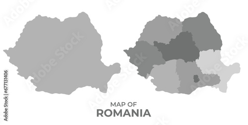 Greyscale vector map of Romania with regions and simple flat illustration