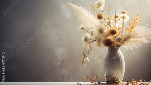 a tall vase with a bouquet of dried flowers photo