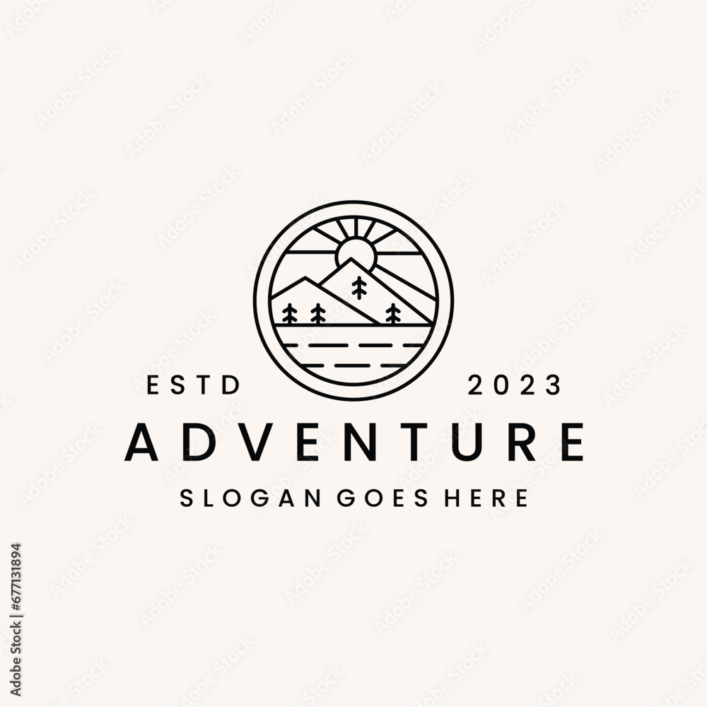 mountain landscape with rocks at sunrise, Sea and Sun for Hipster Adventure Traveling logo mountain landscape with rocks at sunrise, Sea and Sun for Hipster Adventure Traveling logo