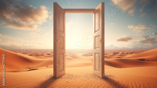 Open door on desert. startup concept.