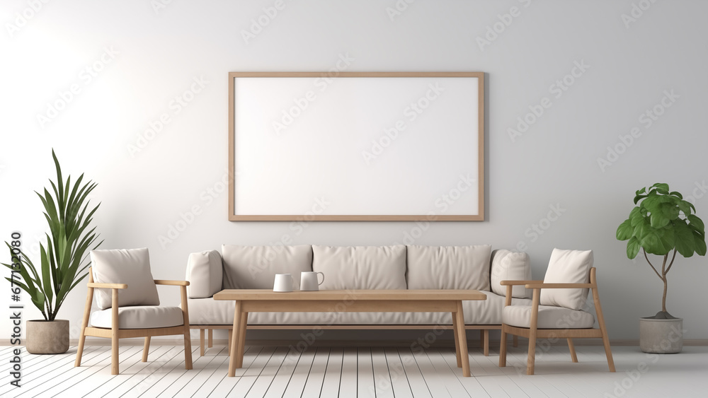An empty picture frame hanging on a wall in a minimalist living room with a modern, soft glow. An empty picture frame hanging on a wall in a minimalist living room with a modern, soft glow.