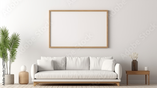 An empty picture frame hanging on a wall in a minimalist living room with a modern, soft glow.