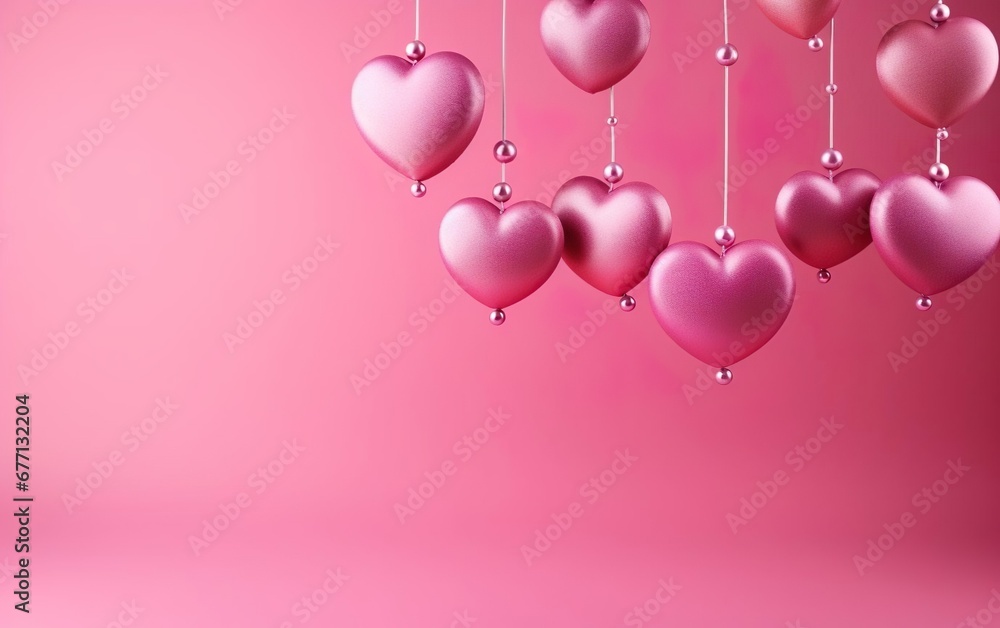Doll style pink valentines day background with hanging matte hearts, copy space at the left. Valentines day, engagement or wedding party poster. AI Generative