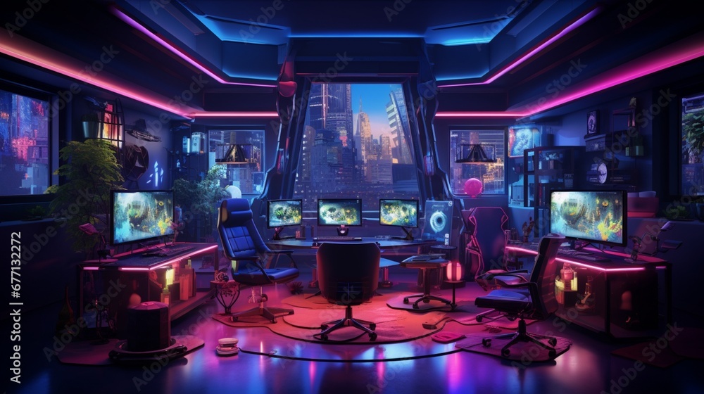 A high-tech gaming room with neon lights, gaming chairs, and multiple screens for an immersive gaming experience.  
