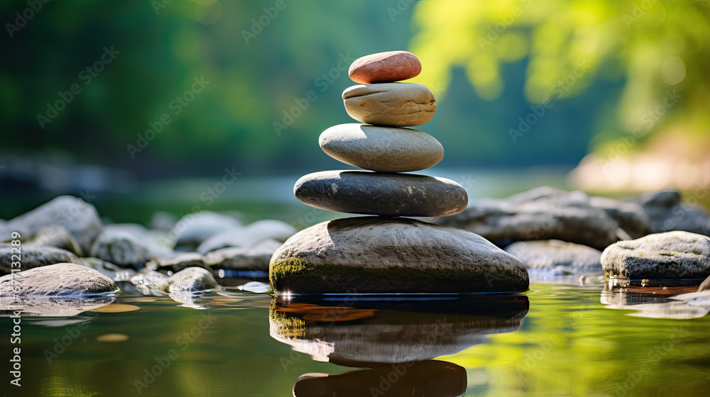 pyramid or tower of stones on the river bank, zen, harmony, chedo, water, rocks, lake, spa, relaxation, nature, tranquility, beauty, balance, landscape, minerals, shape, structure, religious, heap