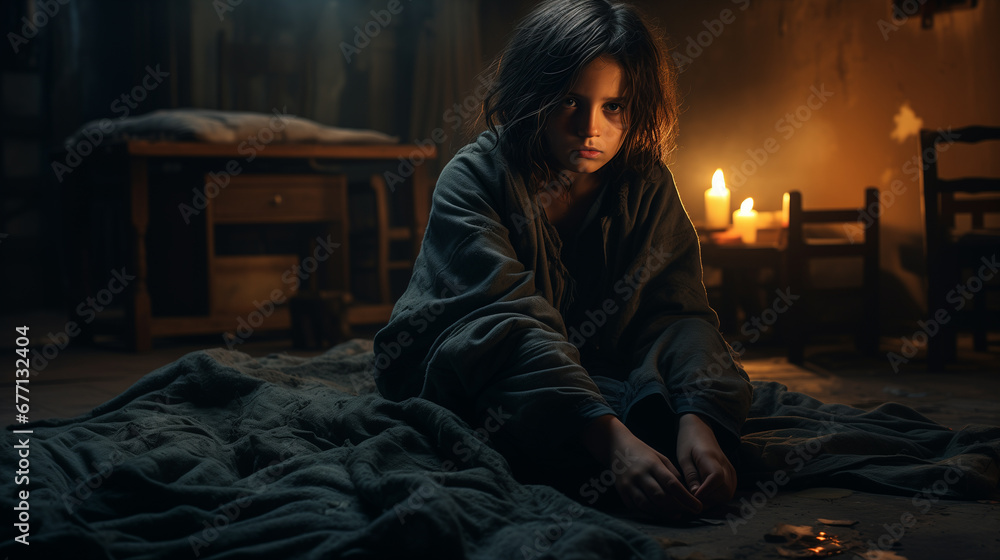 Child sitting alone in the dark room, ai generated Child sitting alone in the dark room, ai generated