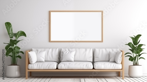 An empty picture frame hanging on a wall in a minimalist living room with a modern, soft glow.