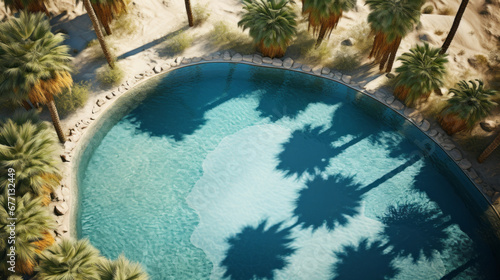 A top-down view of a desert oasis with palm trees and a shimmering blue pool