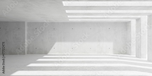 Abstract empty, modern concrete room with sunlight from wall openings and rough floor - industrial interior background template
