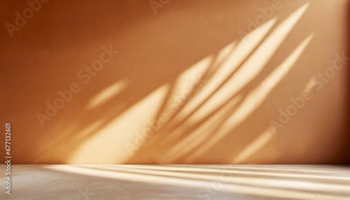 Minimal plaster wall backdrop featuring a palm shadow for product placement. Elegant summertime interior design for architecture. Mockup of a creative product platform stage. photo