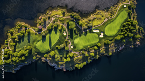 A top-down view of a golf course with rolling green hills and a picturesque lake