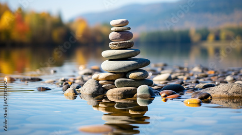 pyramid or tower of stones on the river bank, zen, harmony, chedo, water, rocks, lake, spa, relaxation, nature, tranquility, beauty, balance, landscape, minerals, shape, structure, religious, heap photo