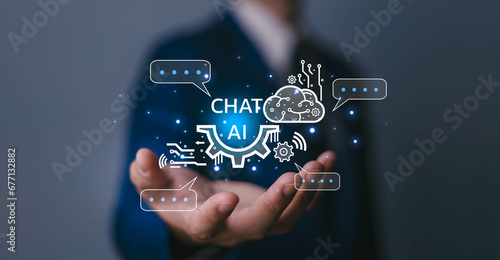 Ai chatbot, artificial intelligence tech chatbot, automated robot assistant technology, businessman use phone chat message to AI bot chat for generated data,robot application, conversation assistant. photo