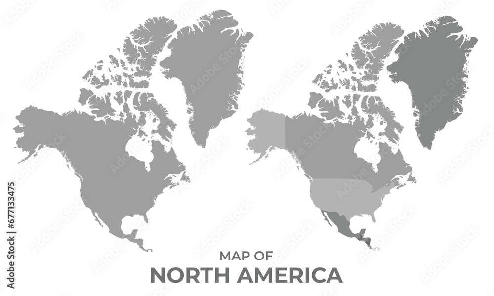 Greyscale vector map of North America with regions and simple flat illustration