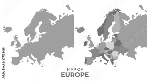 Greyscale vector map of europe with regions and simple flat illustration