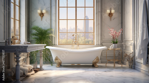 a traditional bathroom with a clawfoot tub and a white sink and marble flooring