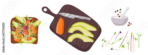 Cooking of Healthy toast and ingredients. Recipe for useful snack with avocado, salmon, micro green, ground pepper. For menu, cafe, restaurant, poster, banner, emblem, sticker. Healthy eating concept.