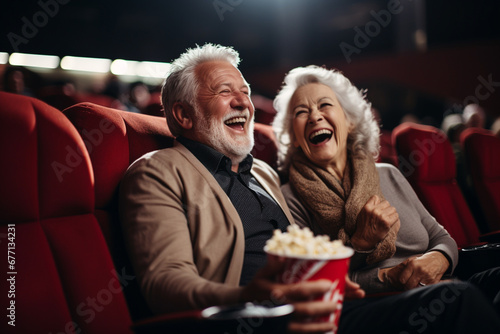 Joy of a happy senior couple immersed in a delightful movie night at the cinema. Ai generated photo