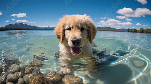Happy Golden Retriever Puppy Swimming in Lake