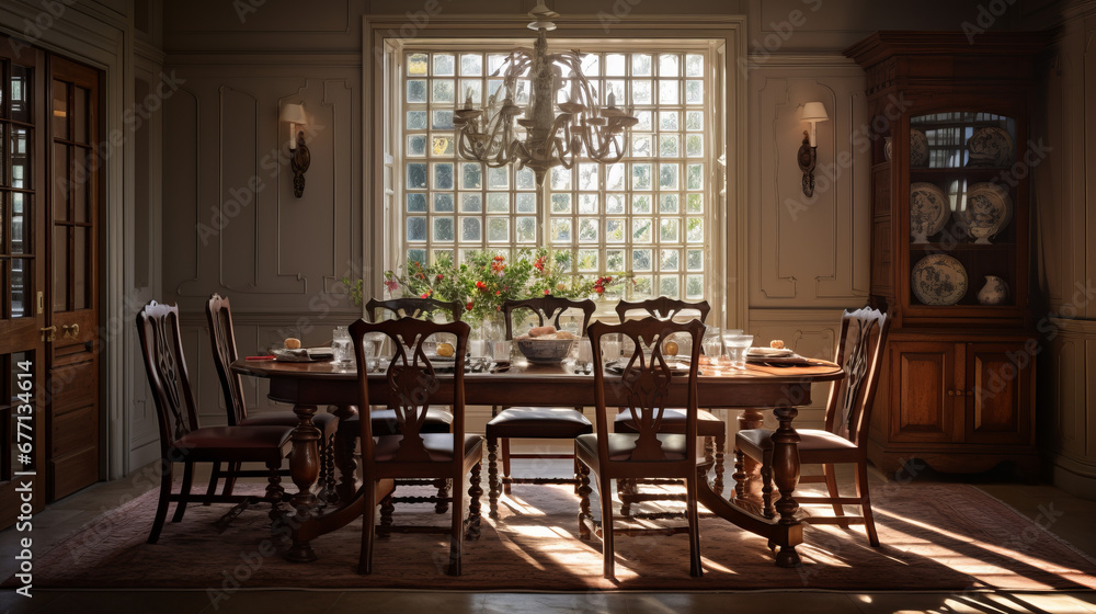 a traditional dining room with a large mahogany table and a set of chairs and a beautiful chandelier above