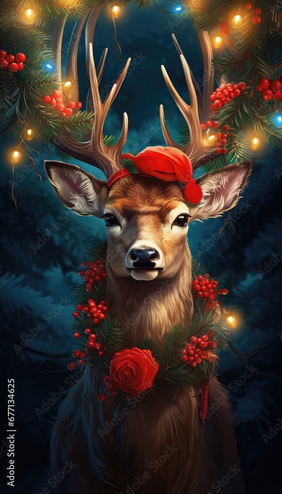 Illustration of beautiful Christmast deer in Christmas hat, reindeer or cervid with LED decorated antlers with flowers and lights garland with red flowers for festive celebration