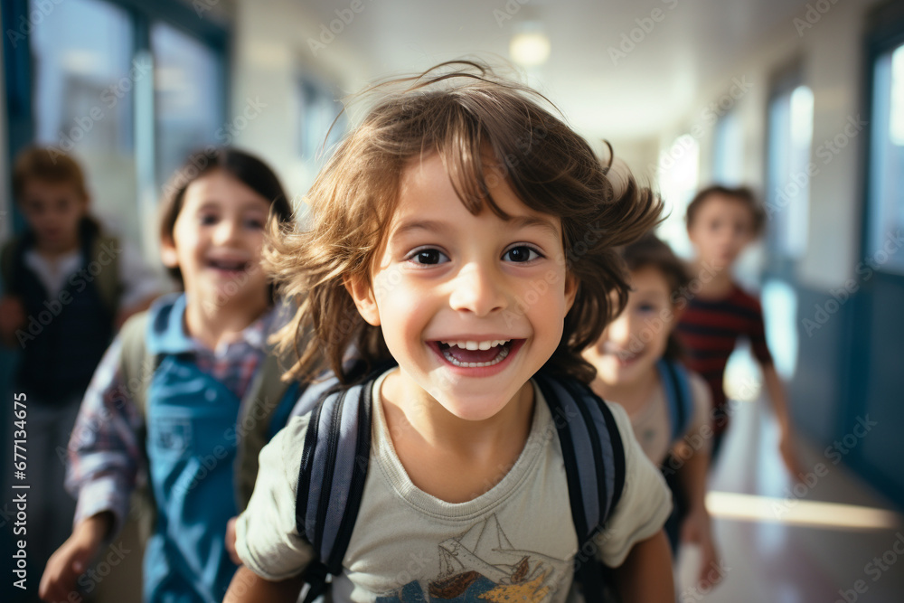 Happy kids joyfully running down a school hallway celebrating the impending joy of vacation. Ai generated