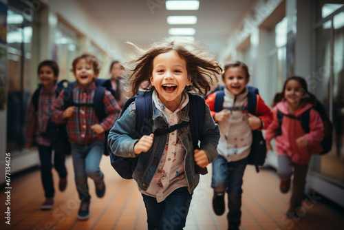 Happy kids joyfully running down a school hallway celebrating the impending joy of vacation. Ai generated