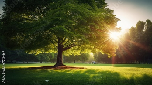 Isolated big green park tree lightened with sunrays for new beginning
