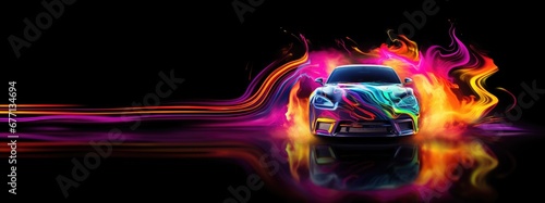 Modern car motion with a colorful pink and yellow car trail on black background with copy space for automotive detailing workshop service centre vehicle design advertising poster or banner