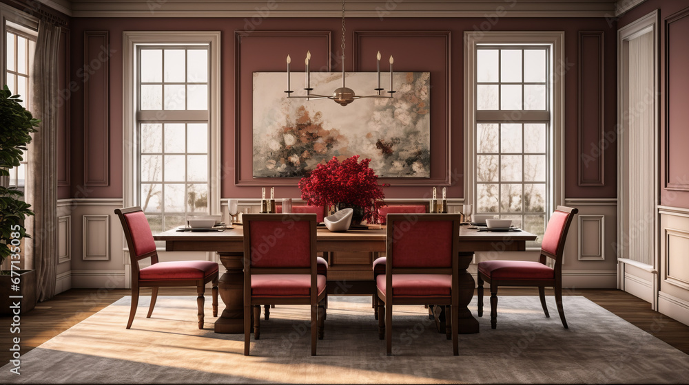 a traditional dining room with a large oak table surrounded by chairs and all in a deep cherry finish