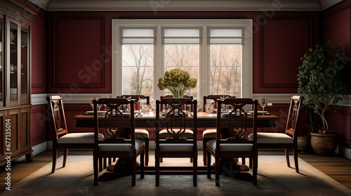 a traditional dining room with a large oak table surrounded by chairs and all in a deep cherry finish