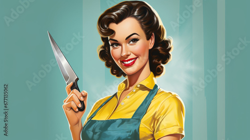 Pretty pin up young woman holding a knife. 50s style retro poster. Generative AI
