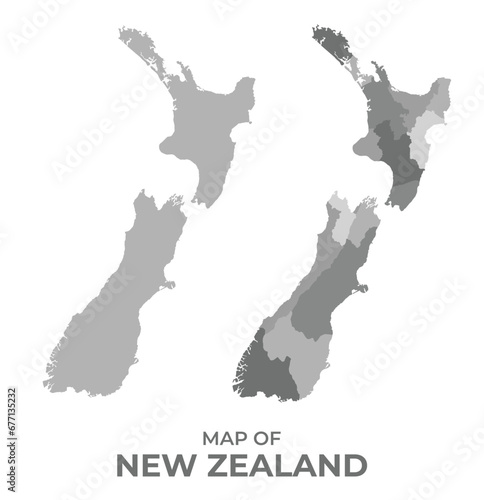 Greyscale vector map of new zealand with regions and simple flat illustration