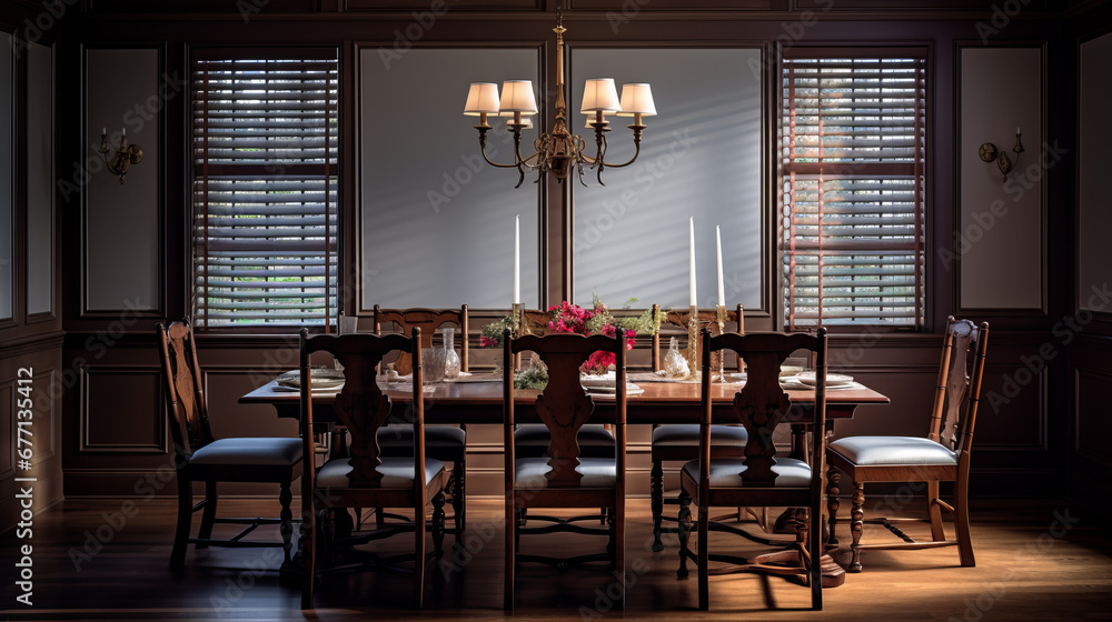 a traditional dining room with a mahogany table and six chairs and a chandelier hanging from the ceiling a traditional dining room with a mahogany table and six chairs and a chandelier hanging from the ceiling