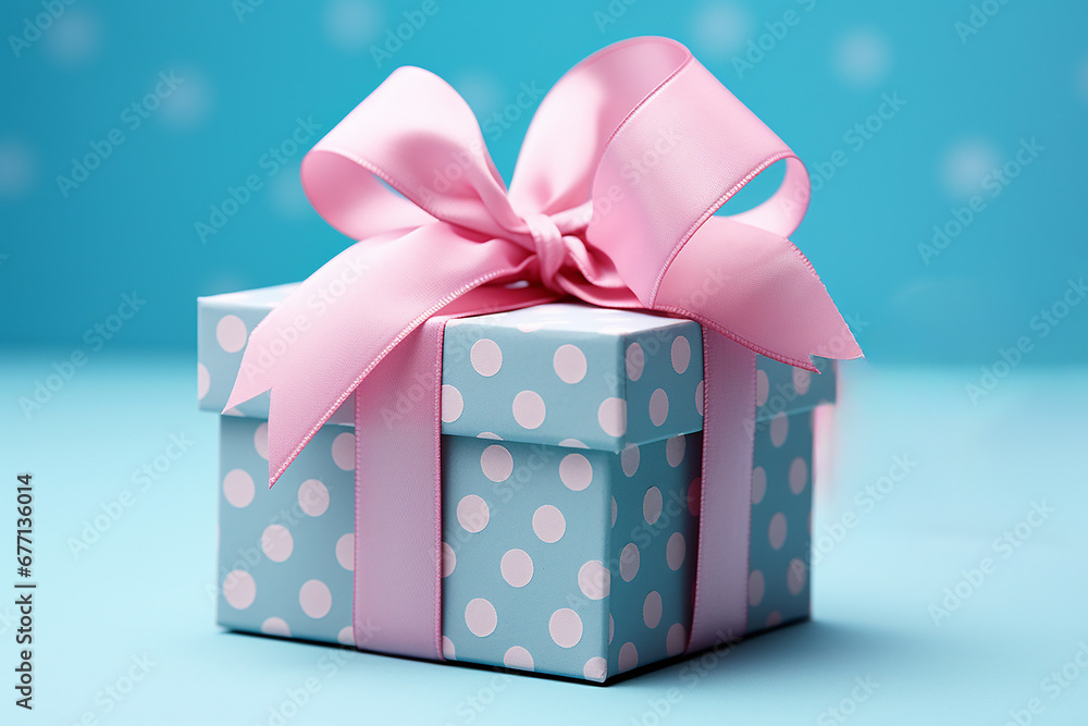 Obraz premium An image of a gift box with a pink ribbon on a pink and blue background