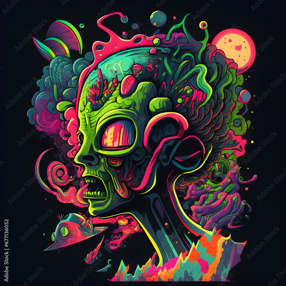 abstract alien illustration with colorfull mind - Trippy alian with scary realistic mindfull grafitti  painting - out of this earth alian from mars comic trippy colors - conspiration theories space 