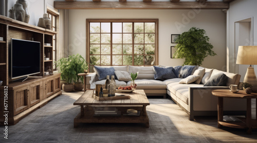 a traditional family room with a sectional couch and a wooden coffee table photo