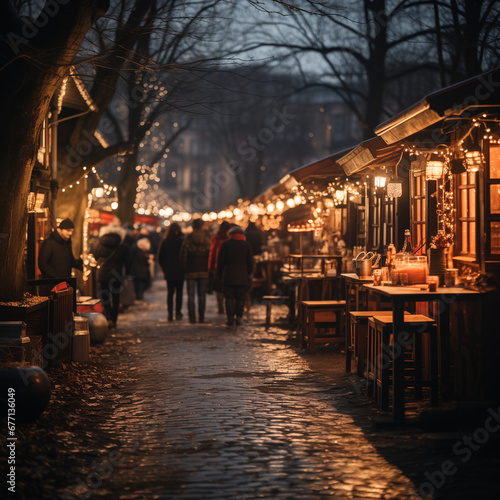 the festive atmosphere of a Christmas market, with stalls selling handmade crafts, the aroma of mulled wine, and the glow of decorative lights.
