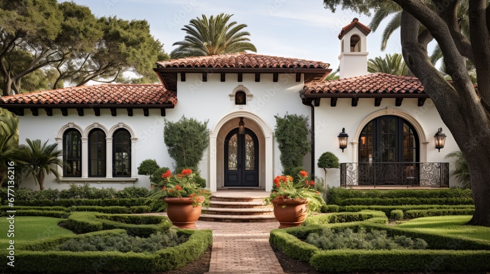 A Mediterranean-inspired villa exterior with terracotta roof tiles, wrought-iron details, and lush greenery for a touch of European elegance.  