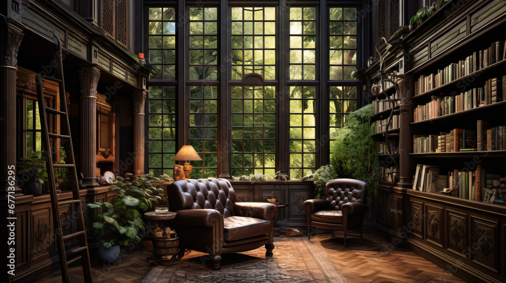 a traditional library with dark brown walls and a hardwood floor and a large window overlooking a lush garden