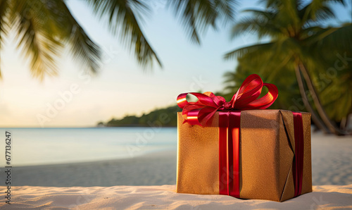 Christmas presents, gifts on tropical beach under palm tree