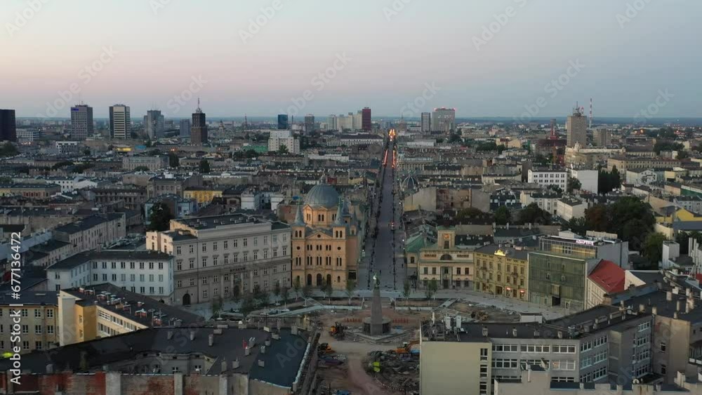 Beautiful scenery of Lodz city center with Piotrkowska street at dawn, Poland Beautiful scenery of Lodz city center with Piotrkowska street at dawn, Poland