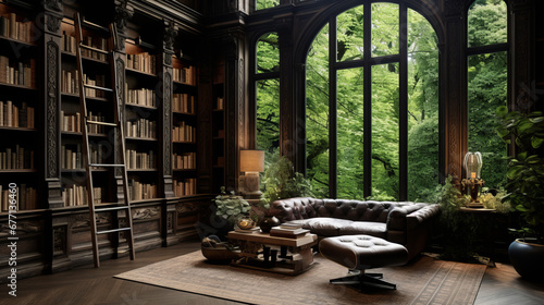 a traditional library with dark brown walls and a hardwood floor and a large window overlooking a lush garden photo