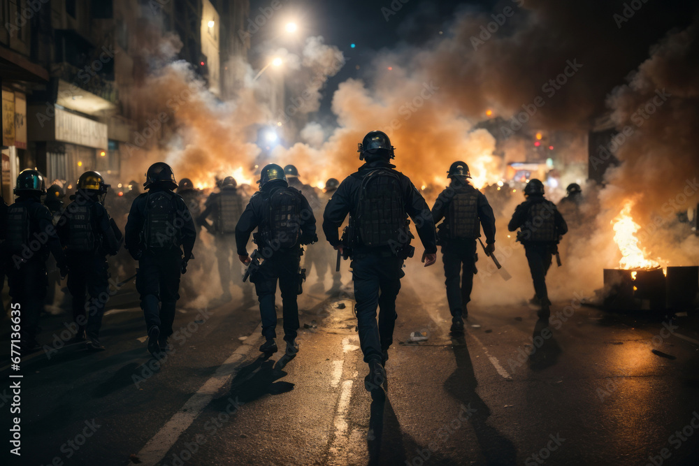Rear view of police officers amid smoke and fire during protests and riots. Emergency, fire, explosion, catastrophe, apocalypse, war concepts