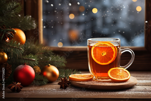 Hot tea adorned with orange slices and cinnamon sticks, all while gazing upon a serene winter scene outside. Ai generated