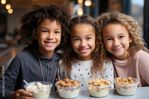 Group of classmates having lunch during break. Three cute children girls with multicolored skin curls smile at the camera, at their breakfast at school or kindergarten.