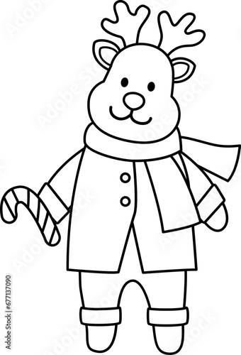 Cute deer holding candy cane outline