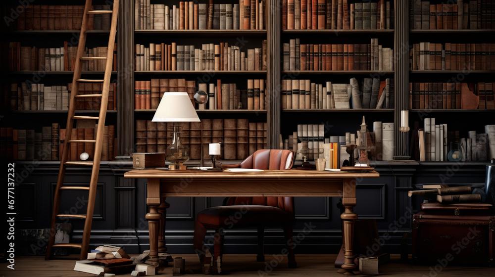 a traditional study room with a large wooden desk and a comfortable chair and several shelves filled with books and office supplies a traditional study room with a large wooden desk and a comfortable chair and several shelves filled with books and office supplies