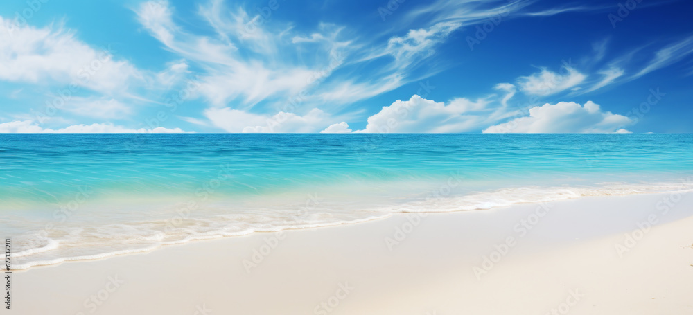 Beautiful sandy beach with white sand and rolling calm wave of turquoise ocean on sunny day on background white clouds in blue sky. Island in Maldives, colorful perfect panoramic natural landscape.