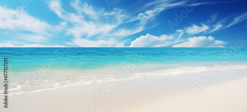 Beautiful sandy beach with white sand and rolling calm wave of turquoise ocean on sunny day on background white clouds in blue sky. Island in Maldives  colorful perfect panoramic natural landscape.